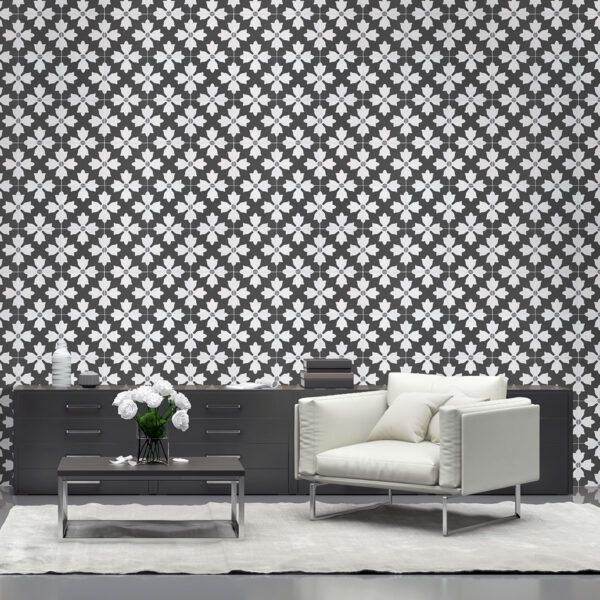 Living room featuring MSI – Kenzzi – Kasbah 8×8 black and white wallpaper, located in Seattle, WA